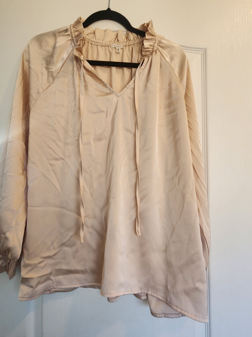 JODIFL Ruffle-Neck Satin Blouse - Beige M Euc